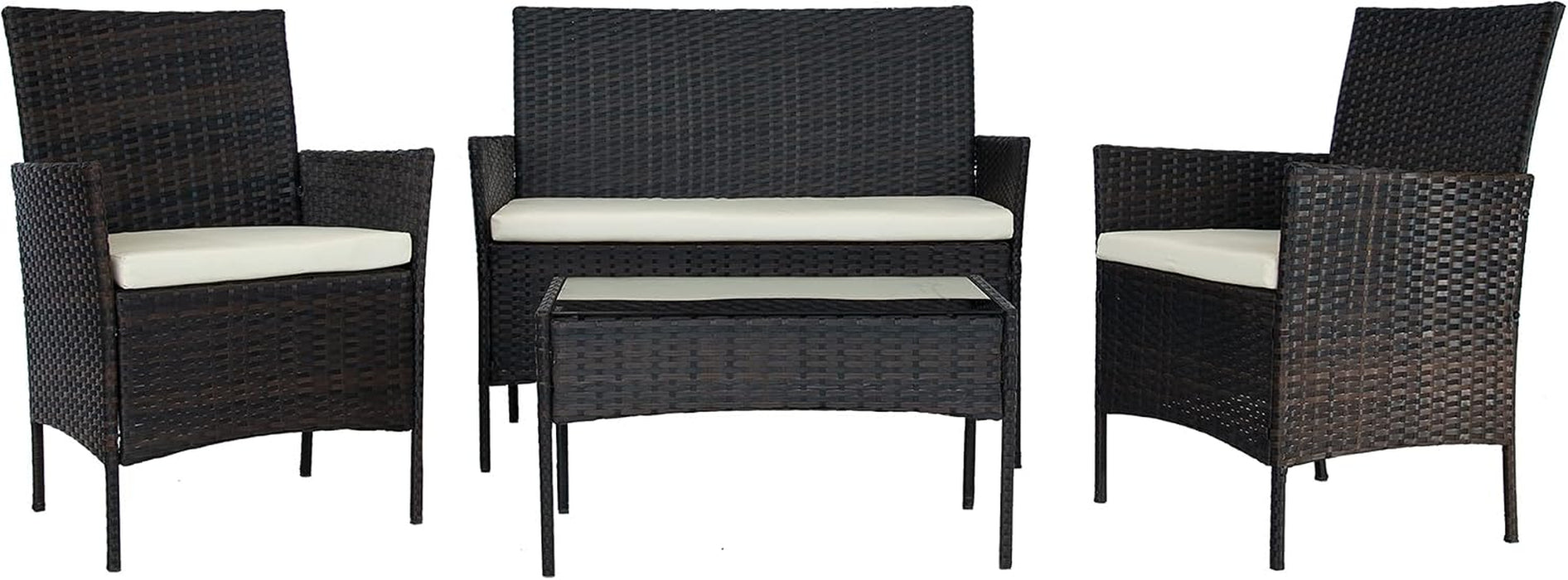 4-Piece Patio Conversation Set Outdoor Furniture with Cushion, Rattan Wicker Chairs, a Sofa and Coffee Table with Tempered Glass Top for Backyard Porch Garden Poolside Balcony (Brown+Beige)