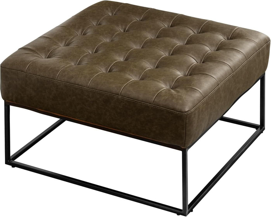 Modern Genuine Leather Square Coffee Table, 30'' Farmhouse Ottoman for Living Room, Large Vintage Genuine Leather Coffee Tables with Leather Upholstered Padded Seat Olive Green