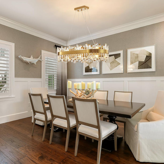 Modern Crystal Chandelier 16 Lights Rectangular Gold 2-Tiers Raindrop Crystal Chandelier Oval Adjustable Hanging Pendant Ceiling Light Fixture for Dining Living Room Kitchen Island 35.4 Inch