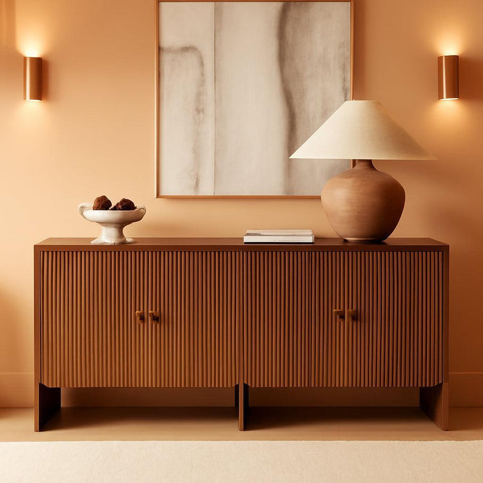 63" Wide Fluted Sideboard Buffet Cabinet Solid Wood, Modern Storage with 4 Adjustable Shelves & Doors, Multifunctional Credenza for Dining Room,Living Room,Entryway,Walnut