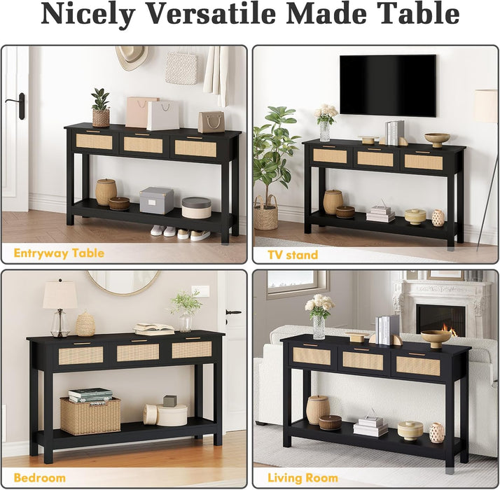 Entryway Console Table with 3 Rattan Drawers - Long Sofa Table behind Couch Modern Fluted Hallway Living Room Storage Cabinet, Entry Table Open Shelf Foyer Furniture, Anti-Tip, Black, 47 Inch
