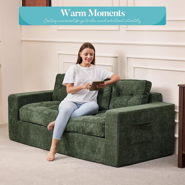 Green ThreeSeater Chenille Sofa With Tufted Upholstery