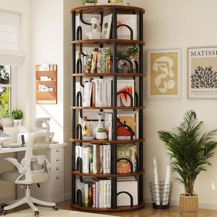 6 Tier Rotating Bookshelf Tower, Revolving Bookcase, 360° round Spinning Book Shelf, Narrow Swivel Bookshelves Vertical Turning Corner Bookshelf Organizer for Small Space, Rustic Brown