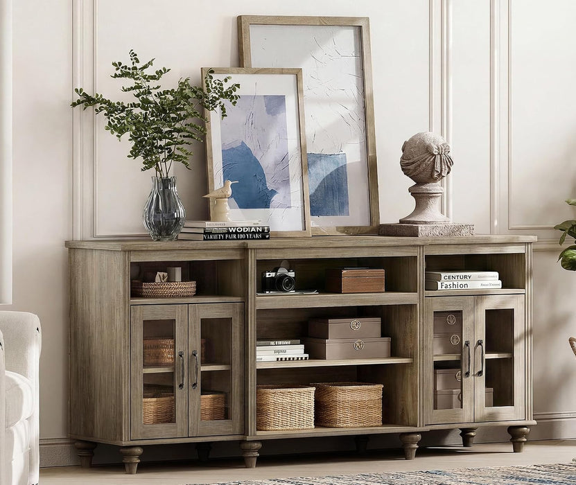 Buffet Cabinet with 4 Glass Doors, Large Coffee Bar Tables Wood Kitchen Storage Cabinets with 9 Storages, Modern Farmhouse Sideboard Credenza, Wash Gray, 70 Inch