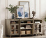 Buffet Cabinet with 4 Glass Doors, Large Coffee Bar Tables Wood Kitchen Storage Cabinets with 9 Storages, Modern Farmhouse Sideboard Credenza, Wash Gray, 70 Inch
