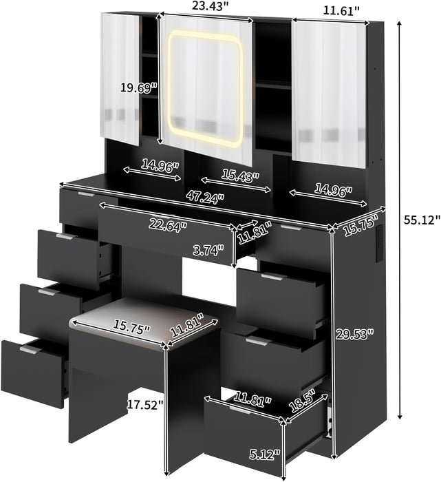 Large Vanity Table Set with 3 Opening Mirrors & LED Lights, Makeup Desk with 9 Drawers, 3 Hidden Cabinets and Charging Sockets, Upholstered Bedroom Stool