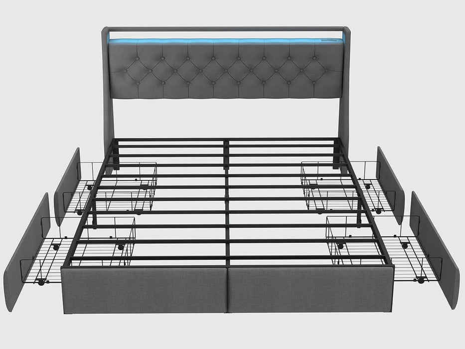 Queen Bed Frame with Storage Headboard and 4 Drawer, Metal Platform Bed Frame Queen Size with LED Light, Charging Station, No Box Spring Needed, Noise Free, Easy Assembly, Grey