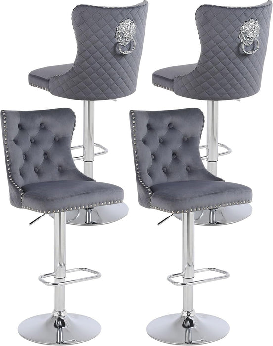 Velvet Adjustable Swivel Bar Stools Set of 4, High Tufted Back Modern Counter Height Stools Chrome Footrest/Lion Pull Ring/Rivet Trim/Diamond Pattern Kitchen Dining Pub Bar Chairs, Dark Grey
