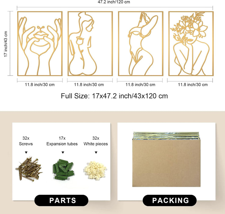 4 Pack Gold Wall Art Decor, Minimalist Single Line Real Metal Wall Art, Woman'S Body Shape Abstract Wall Art (Gold Classic Style, 17 X 11.8'')