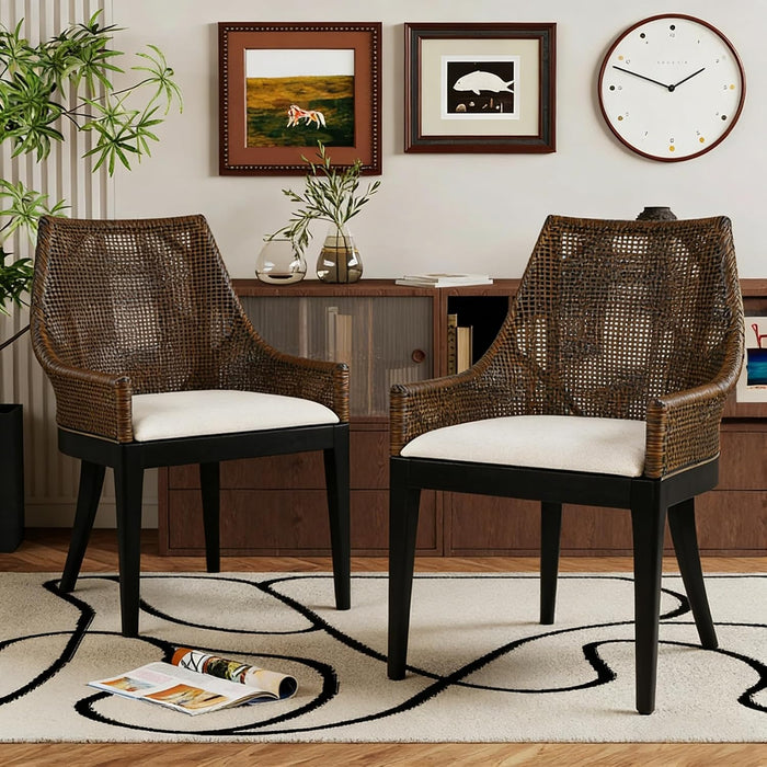 Natural Cane Mesh Rattan Accent Chair, Tropical Coastal Woven Back Armchair with Beige Fabric Cushion & Black Tapered Wood Legs, Ergonomic Comfort for Living Room Bedroom