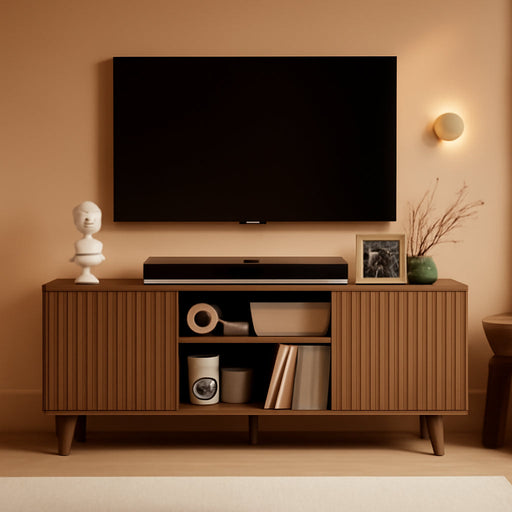 55 Inch Fluted TV Stand with Storage, Mid Century Modern Entertainment Center with Adjustable Shelf, TV Table Stand up to 65 Inches Tvs for Living Room, Bedroom, Walnut