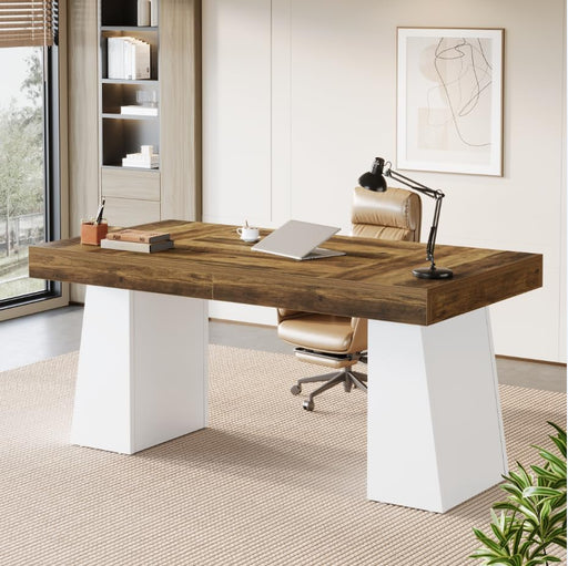55-Inch Executive Desk, Large Wood Office Computer Desk with Double Pedestal, Modern Minimalist Workstations Writing Table Conference Table Furniture for Home Office, Brown&White