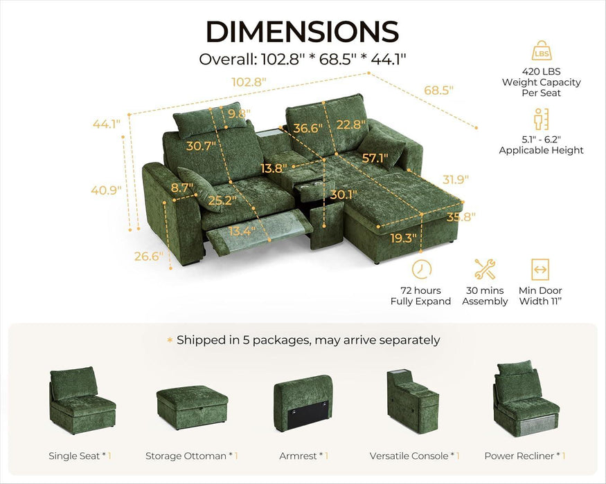 102.8'' Loveseat Power Recliner Sofa with Headrest, Oversized Cloud Modular Sectional Couch with Table, Drawer, Charging, 3-Seater with Storage Ottoman for RV Home Theater, Chenille, White