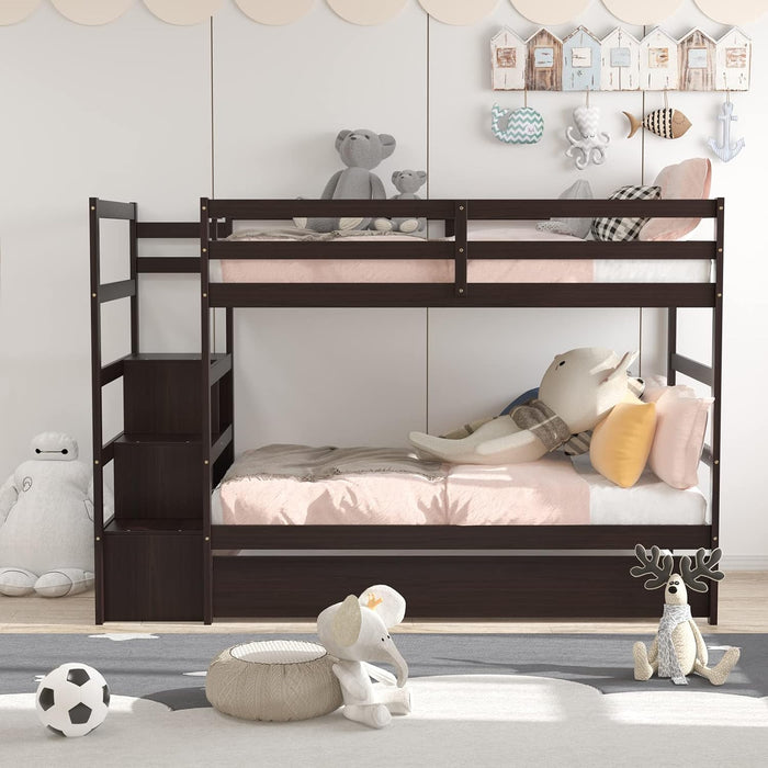 Espresso Solidwood Twin Bunk Bed With TrundleStorage