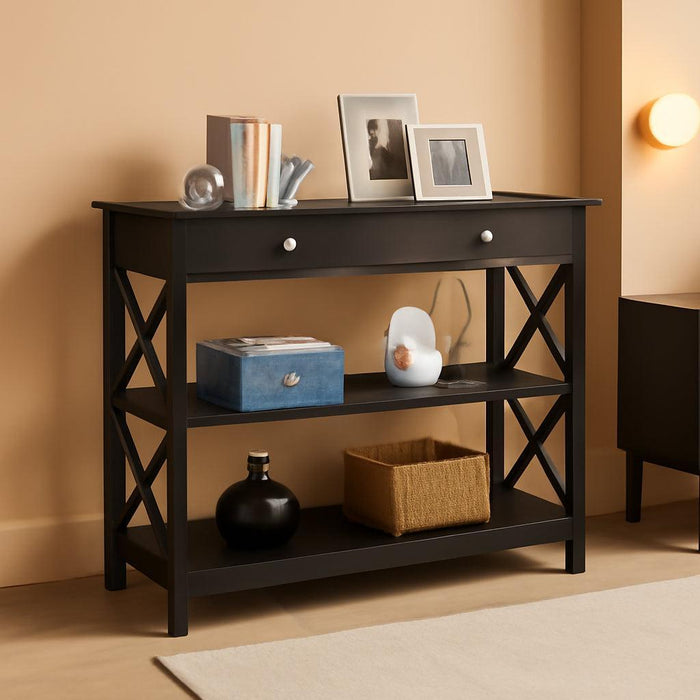 Console Table with Drawer, 39.5 Inch Narrow Sofa Table with Storage Shelves, 3-Tier Wood Entryway Table for Hallway/Living Room/Foyer, Black