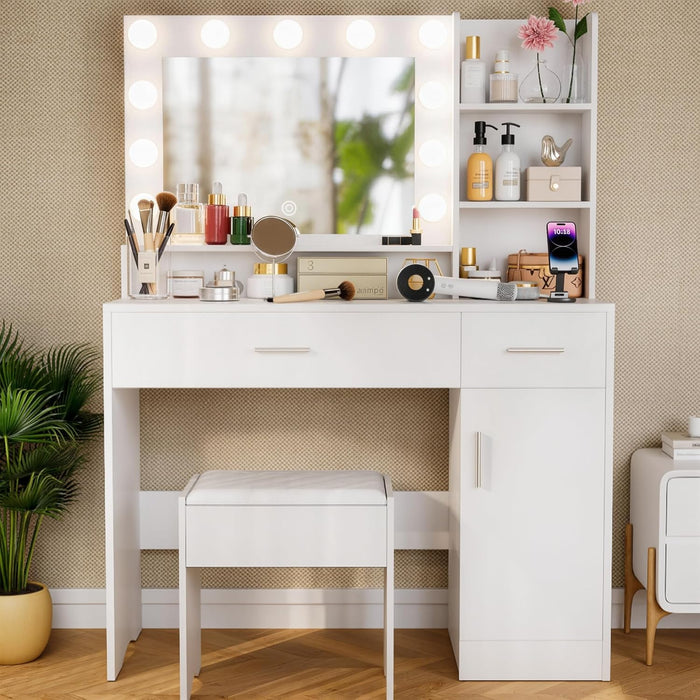 Vanity Desk with Mirror and LED Lights,Vanity Desk with 3 Drawers & 3 Storage Shelves,Vanity Table with Chair,Three Adjustable Lighting Modes,Bedroom Vanity,White