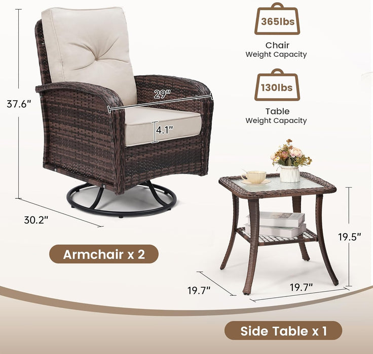 2 Luxury Outdoor Swivel Wicker Glider Patio Chairs with Table Set, Overstuffed Washable Cushions, Ideal for Porch, Balcony, Deck, Brown Rattan and Beige Cushions