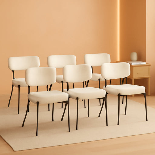 Boucle Dining Chairs Set of 6, Modern Mid-Century Upholstered Stylish Kitchen Chairs Sherpa Accent Diner Chairs with Metal Legs and Curved Back for Kitchen, Dining Room(White)