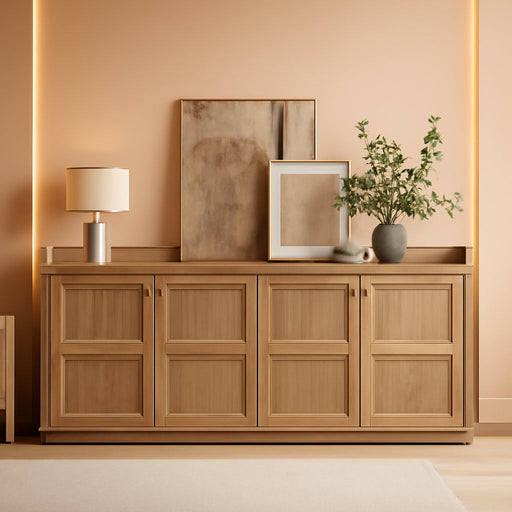 61.7" Buffet Cabinet 4-Door Sideboard Kitchen Living Room Brown Oak | Geometric Doors & Elegant Gold Handle, Slow-Close Door, 2 Separate Bays, 3-Level Adjustable Shelf, Kid & Pet Safe, 77 Lbs Top
