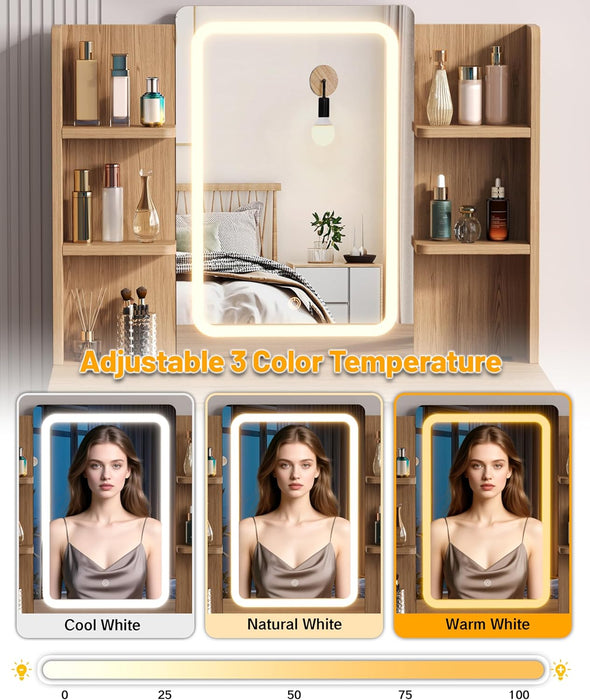 29.5" Small Makeup Vanity with Adjustable Light Mirror, Fluted Vanity Table with 2 Drawer & 4 Open Storage Shelf, 3 Light Modes and Brightness, for Woman and Girls, Bedroom,Natural Oak