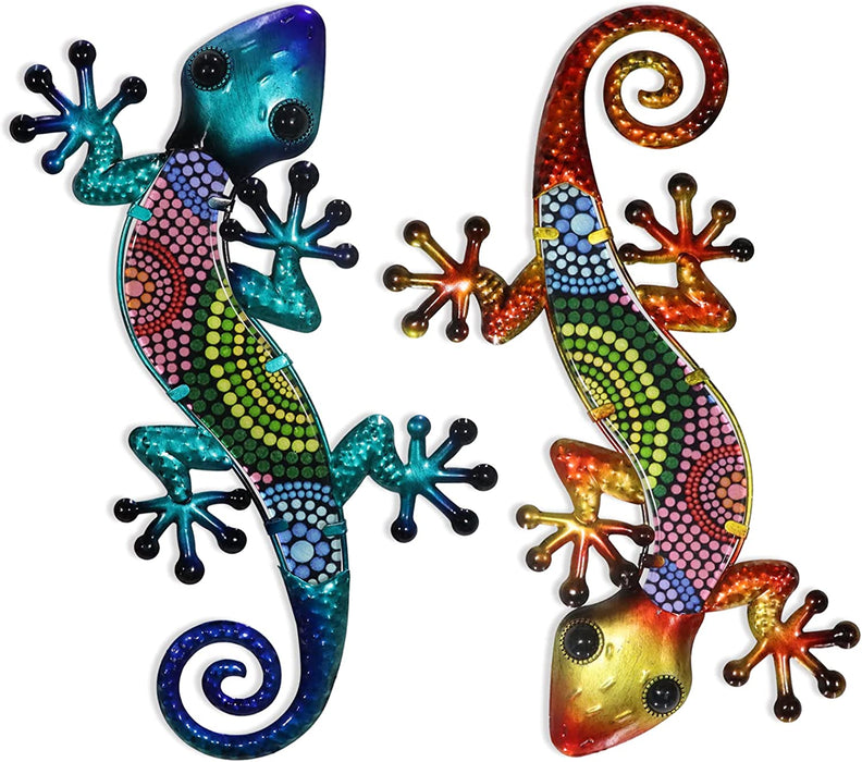 Metal Gecko Wall Art 2 Pack 15 Inch Lizard Outdoor Decor Hanging Glass Sculpture Decoration for Garden Fence Home