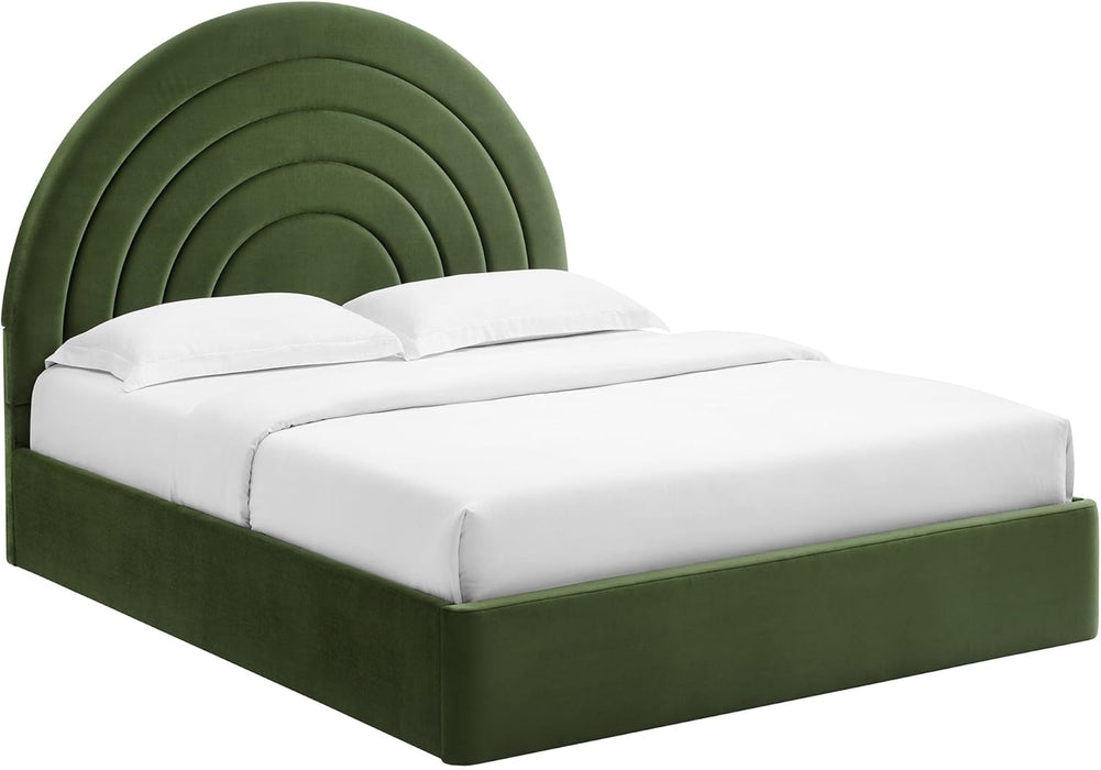 Solana Full Size Performance Velvet Platform Bed in Moss Green – Upholstered Double Bed Frame with Soft Arch Shaped Padded Headboard – Plinth Base Platform Bed Frame