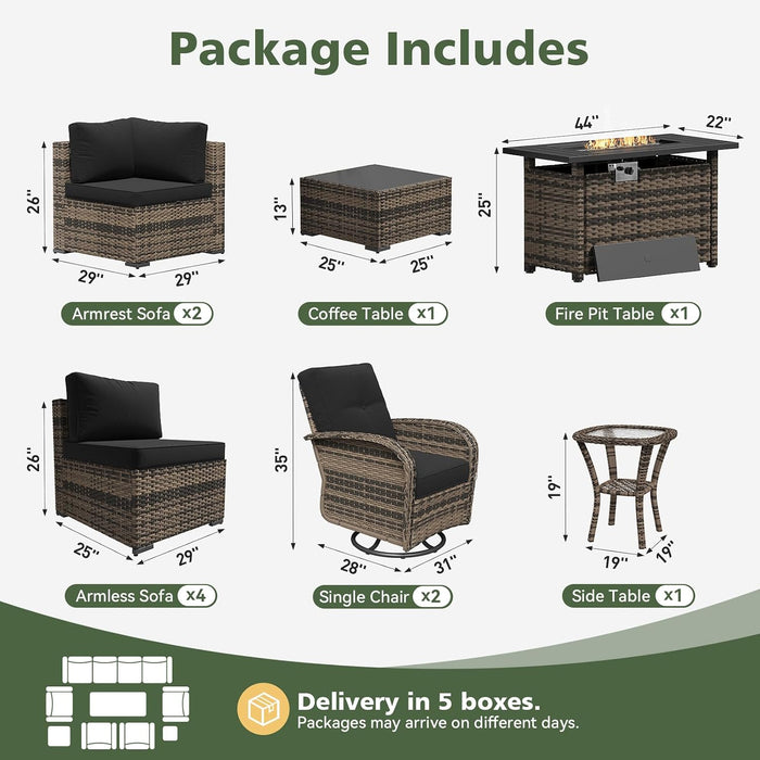 11 Piece Outdoor Patio Furniture Set with 44'' Fire Pit Table, Wicker Rattan Outdoor Furniture with High Back Swivel Rocker Chairs, Outdoor Sofa Set with Thick Cushion & Side Table, Black