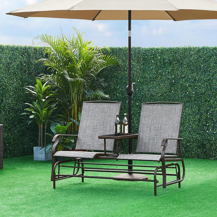 2-Seat Outdoor Glider with Center Table, Patio Rocking Loveseat with Breathable Mesh Sturdy Metal Frame for Garden Pool Lawn