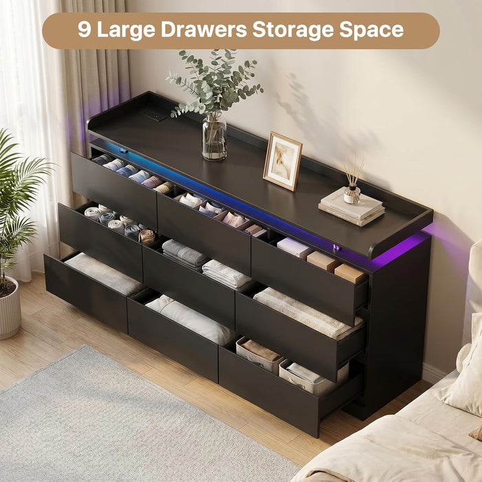 63" 9 Drawer Dresser with LED Light, Black