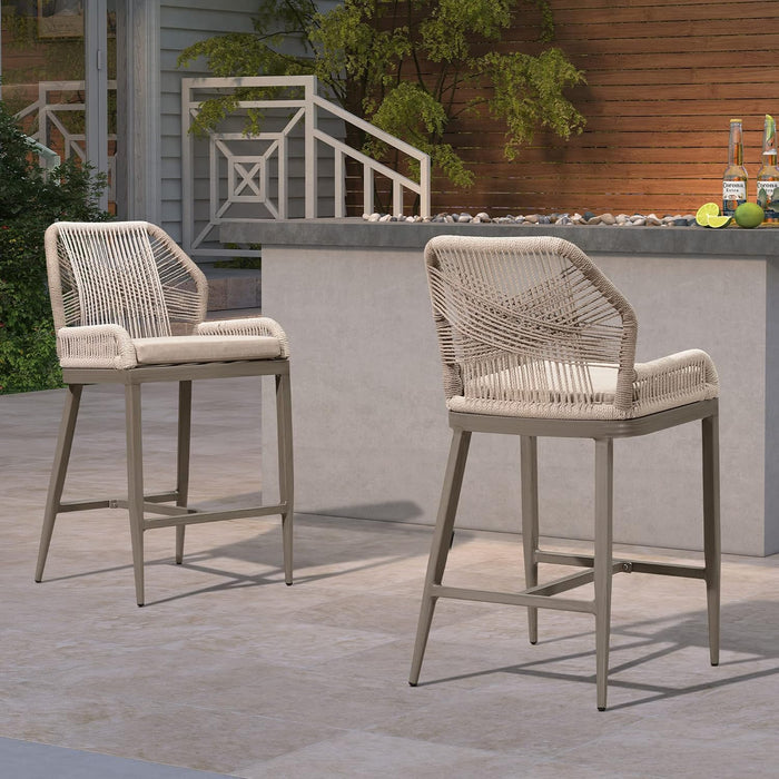 Counter Height Bar Stools Set of 4 Woven Aluminum Modern Barstools with Back and Arms for Patio Balcony Pool Accent Outdoor Kitchen Counter Stool Chairs