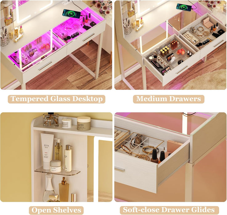 Vanity Desk with Mirror and LED Lights, 31" Small Makeup Vanity with Glass Top & Power Outlet, Vanity with 3 Colors Light, RGB Drawers and Five Shelves, White Vanity for Bedroom