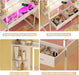 Vanity Desk with Mirror and LED Lights, 31" Small Makeup Vanity with Glass Top & Power Outlet, Vanity with 3 Colors Light, RGB Drawers and Five Shelves, White Vanity for Bedroom