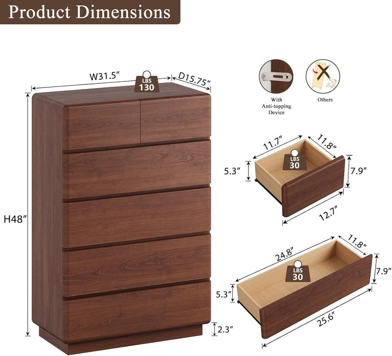 Walnut 6 Drawer Dresser for Bedroom, 48" Tall Dressers & Chest of Drawers with Curved Profile Design, Modern Dresser with Thickened Base for Bedroom, Living Room, Hallway