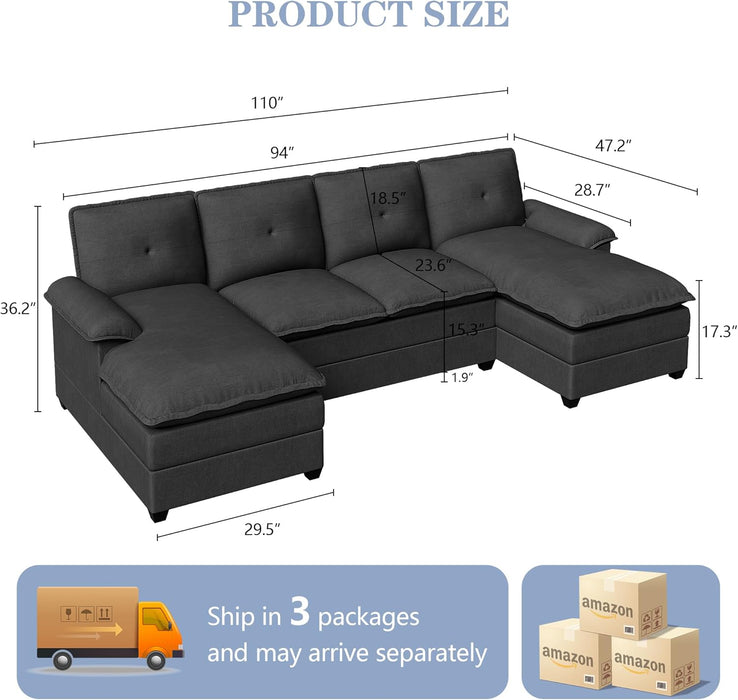 110" Modular U-Shaped Sectional Sofa  Black