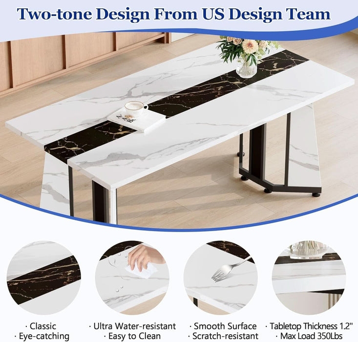 Dining Table Set for 6,White Marble 71'' Dining Room Table with Spacious Legroom and White Leather Dining Chairs,Easy Assembley,7 Pieces Kitchen Table and Chairs for Dining Room,Restaurant