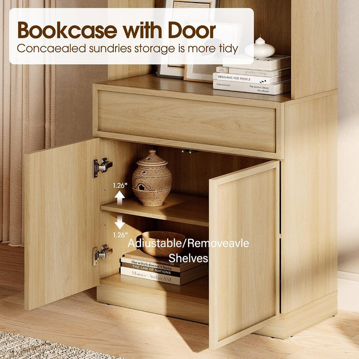 Modern 72" Tall Bookshelf with Doors, Drawers & Adjustable Shelves, Library Bookcase with Storage Cabinet and Open Shelving, Wood Bookcase for Home Office, Living Room, Oak, 1 PC