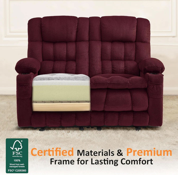 57" Power Loveseat Recliner, Electric Reclining Loveseat Sofa with Heat and Vibration, Cupholders, USB Charge Ports for Living Room 6314 (Burgundy, Loveseat)