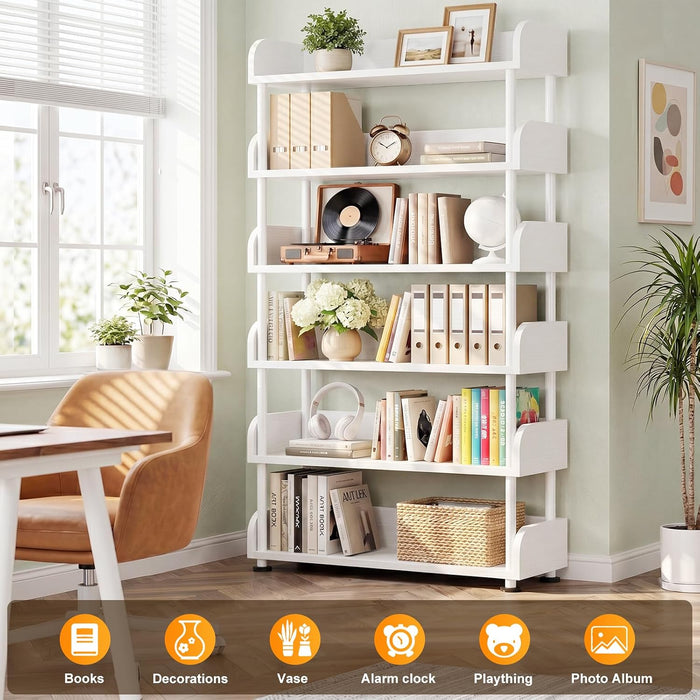 6-Tier Tall Open Bookshelf, 31.5" Modern Display Bookcase Shelf with Top Edge and Pipe Metal Frame, Industrial Standing Bookshelves Storage Rack Organizer for Living Room, Home Office, White