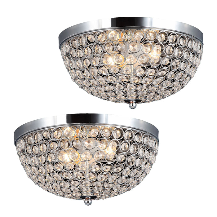 Elipse Crystal 2 Pack 13" Modern Metal 2 Light Bowl Shaped Ceiling Flush Mount Fixture Set, Chrome