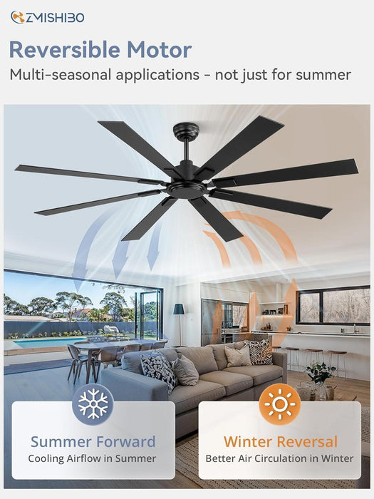72 Inch Ceiling Fan No Light with Remote Control, 8 Blades Quiet DC Reversible Motor, 6-Speed, Timer, Black Finish, Indoor Outdoor Ceiling Fans for Patios, Living Room, Garage