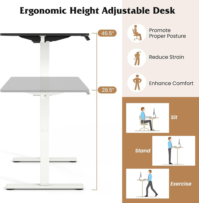 Electric Standing Desk, 48" X 24" Height Adjustable Sit Stand Computer Workstation with 2 Memory Heights, Headphone Hook, Anti-Collision Design, Home Office Computer Desk (Black+White)