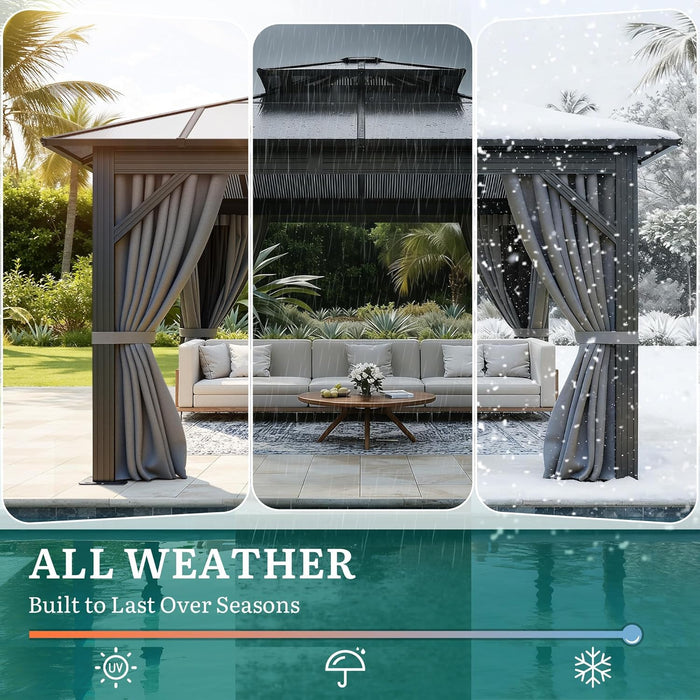 10X10FT Polycarbonate Hardtop Gazebo Outdoor Patio Double Top Canopy Galvanized Iron Metal Column Garden Tent Curtains Netting for Backyards Decks Lawns,Gray