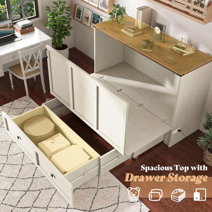 Full Murphy Bed with Storage & Charging Station, Farmhouse Murphy Cabinet with Foldable Panel, Noisy Free, for Guest Bedroom, Living Room, Office, Distressed White