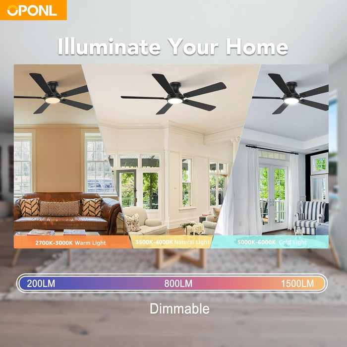 52 Inch Ceiling Fans with Light, Black Ceiling Fan with Light and Remote Control, Dimmable LED, Noiseless DC Reversible Motor, Flush Mount, Low Profile Ceiling Fans for Indoor/Outdoor Use