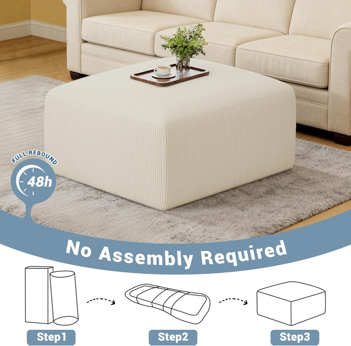 40" Square Stuffed Ottoman Pouf for Sofa Couch, Corduroy Poufs with Foam Chunk Filling, Furry & Fluffy Pouf Footstool Movable Ottoman. 40*31 Floor Poufs Foot Rest for Living Room, Beige(2 Piece Set)