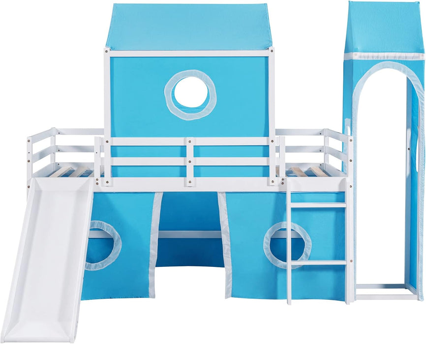 Blue SolidWood Twin Loft Bed With SlideUnderbedCurtains