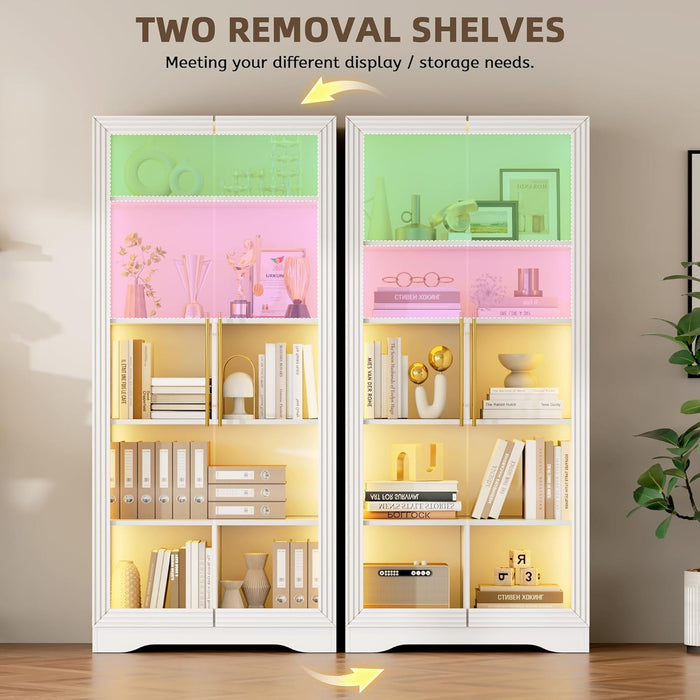 Display Cabinet with Glass Doors, 65" Tall Bookcase with LED Lights/Human Body Sensor, Display Case for Collectibles with Storage, Bedroom, Home Office, Living Room, White