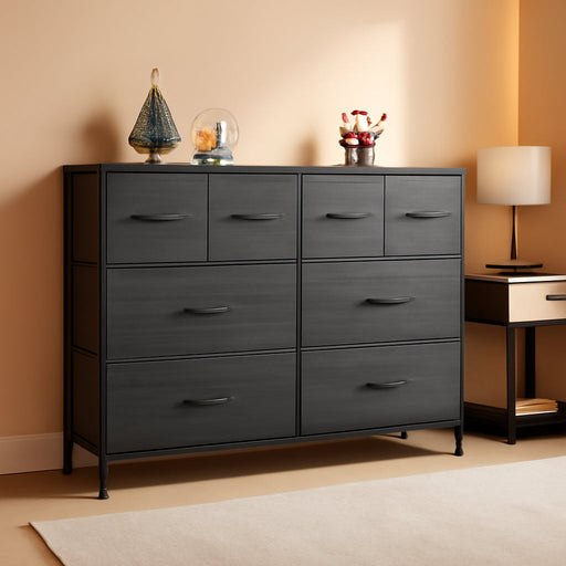 Dresser for Bedroom with 8 Drawers, Wide Fabric Dresser for Storage and Organization, Bedroom Dressers, Chest of Drawers for Living Room, Closet, Hallway, Charcoal Black Wood Grain Print