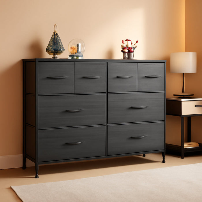 Dresser for Bedroom with 8 Drawers, Wide Fabric Dresser for Storage and Organization, Bedroom Dressers, Chest of Drawers for Living Room, Closet, Hallway, Charcoal Black Wood Grain Print