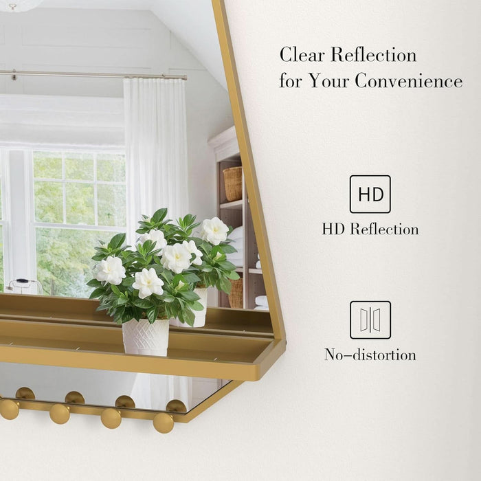 26X20 Inch Bathroom Mirror with Shelf, Irregular Hexagonal Metal Wall Mirrors with Hooks, Bathroom Vanity Mirror Farmhouse, Wall Mounted Mirror Decor for Living Room Bedroom Entryway (Gold)